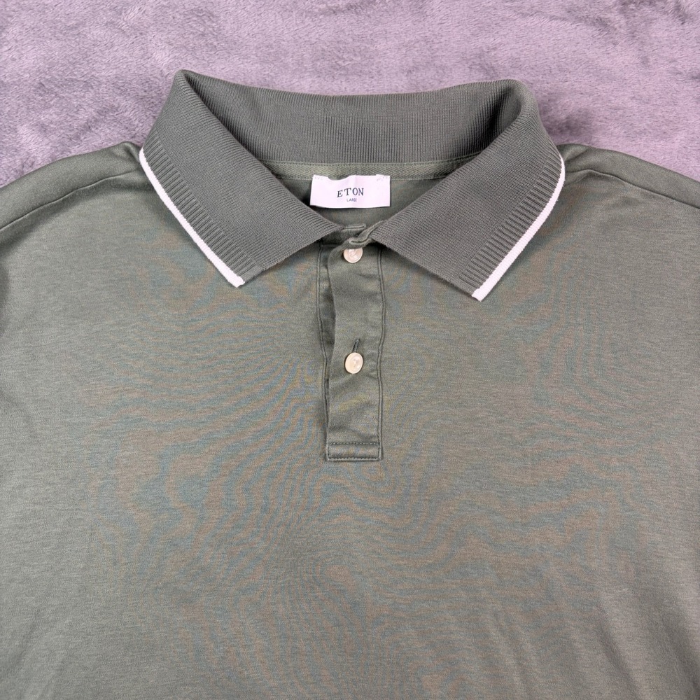 Eton Polo Shirt Men's Large Olive Green Cotton Tipped Collar Preppy Contemporary - Picture 2 of 9
